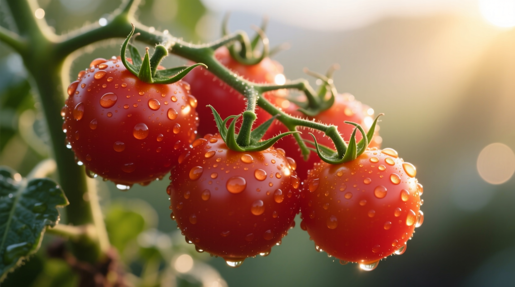 Fresh cherry tomatoes on vine with morning dew