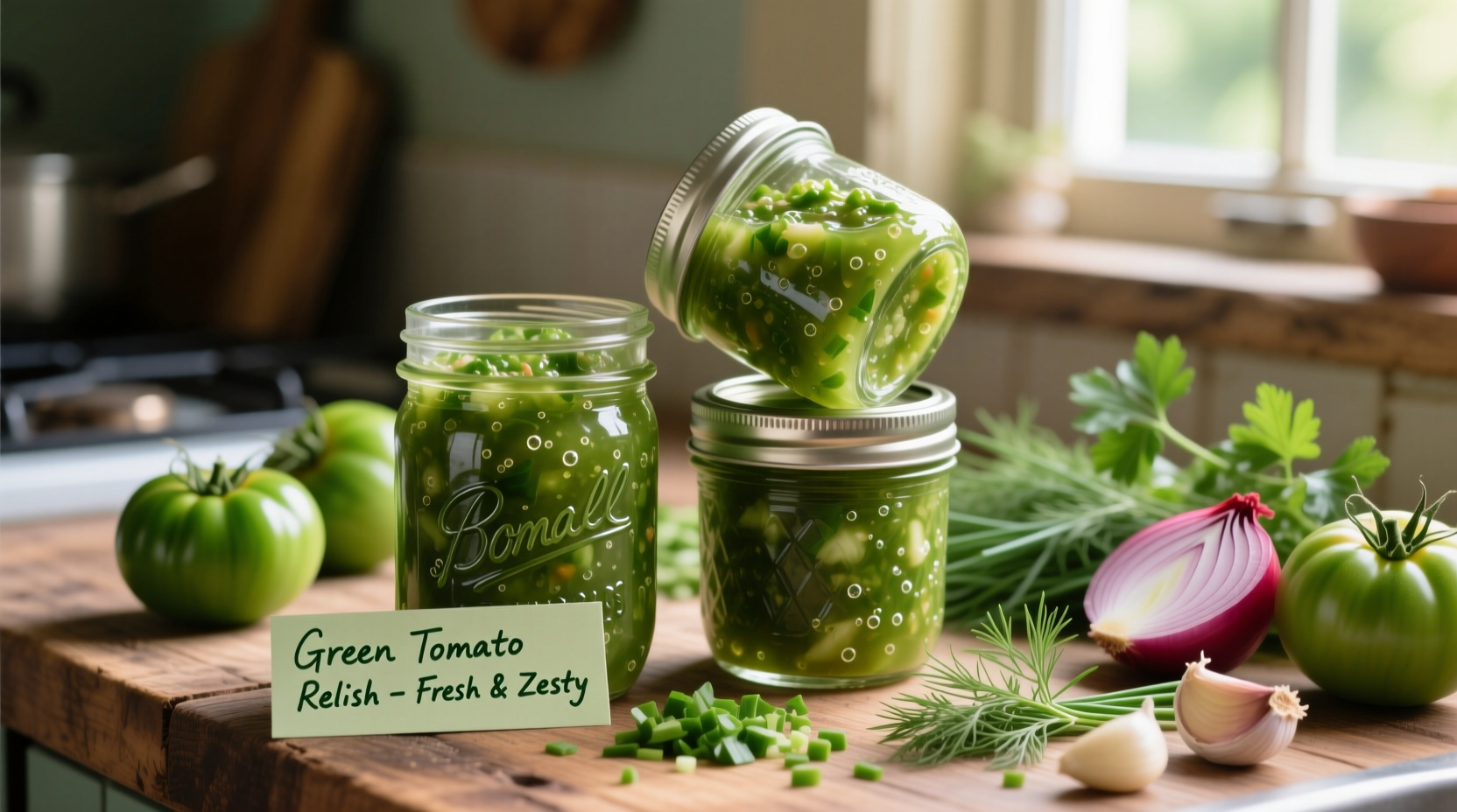 Vibrant green tomato relish in mason jars with fresh ingredients
