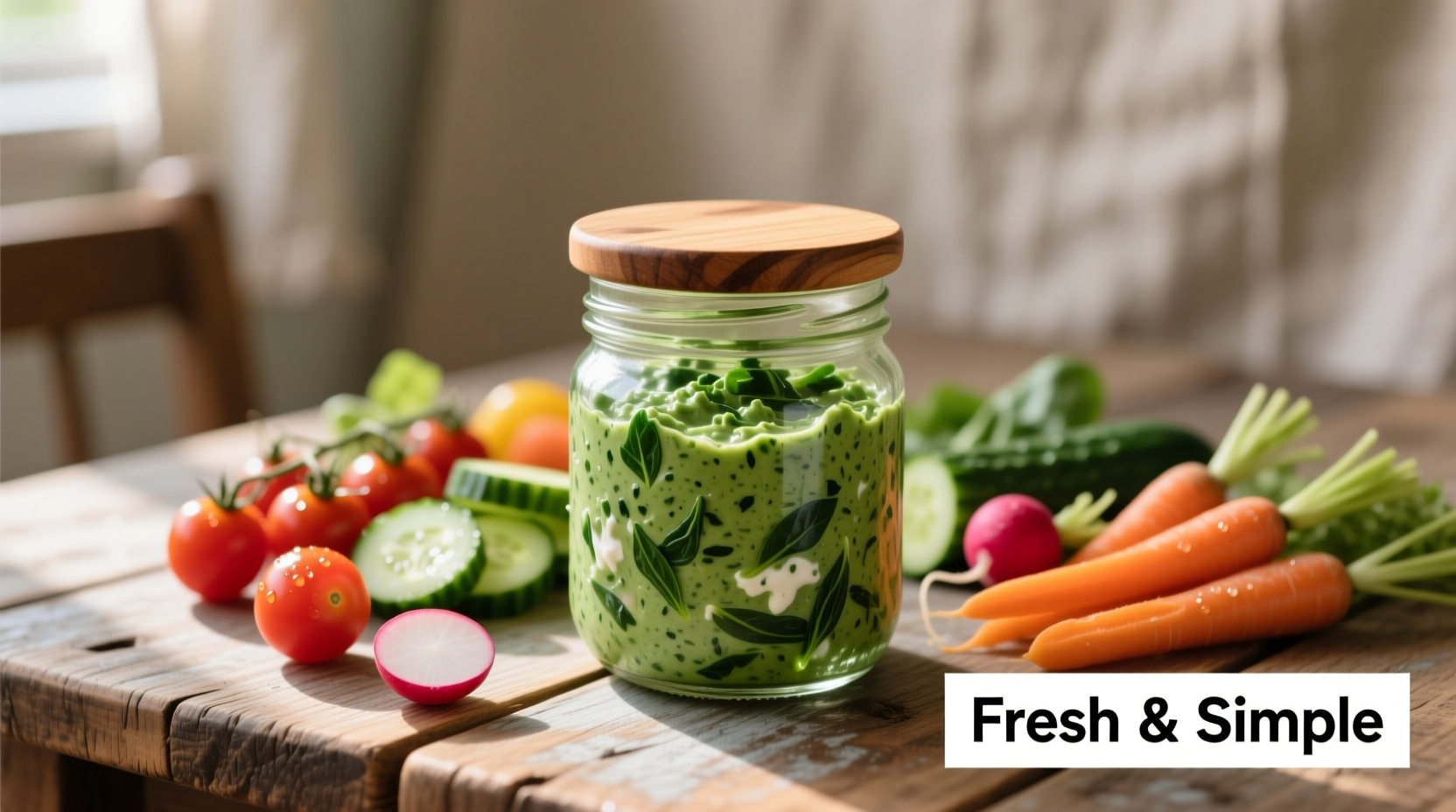 Fresh spinach dip in glass container with vegetables