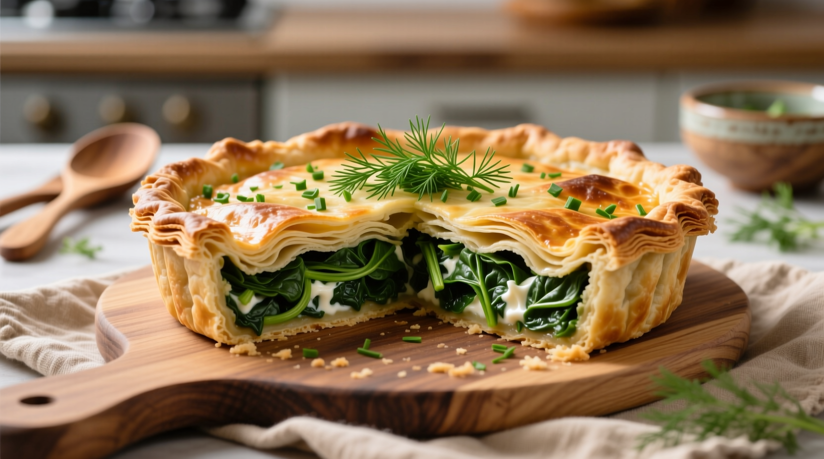 Professional spinach pie with golden layers and fresh dill garnish