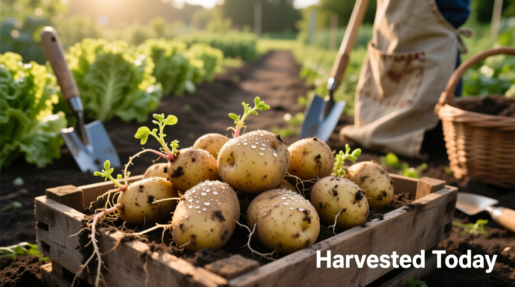 Freshly harvested vegetable potatoes in garden