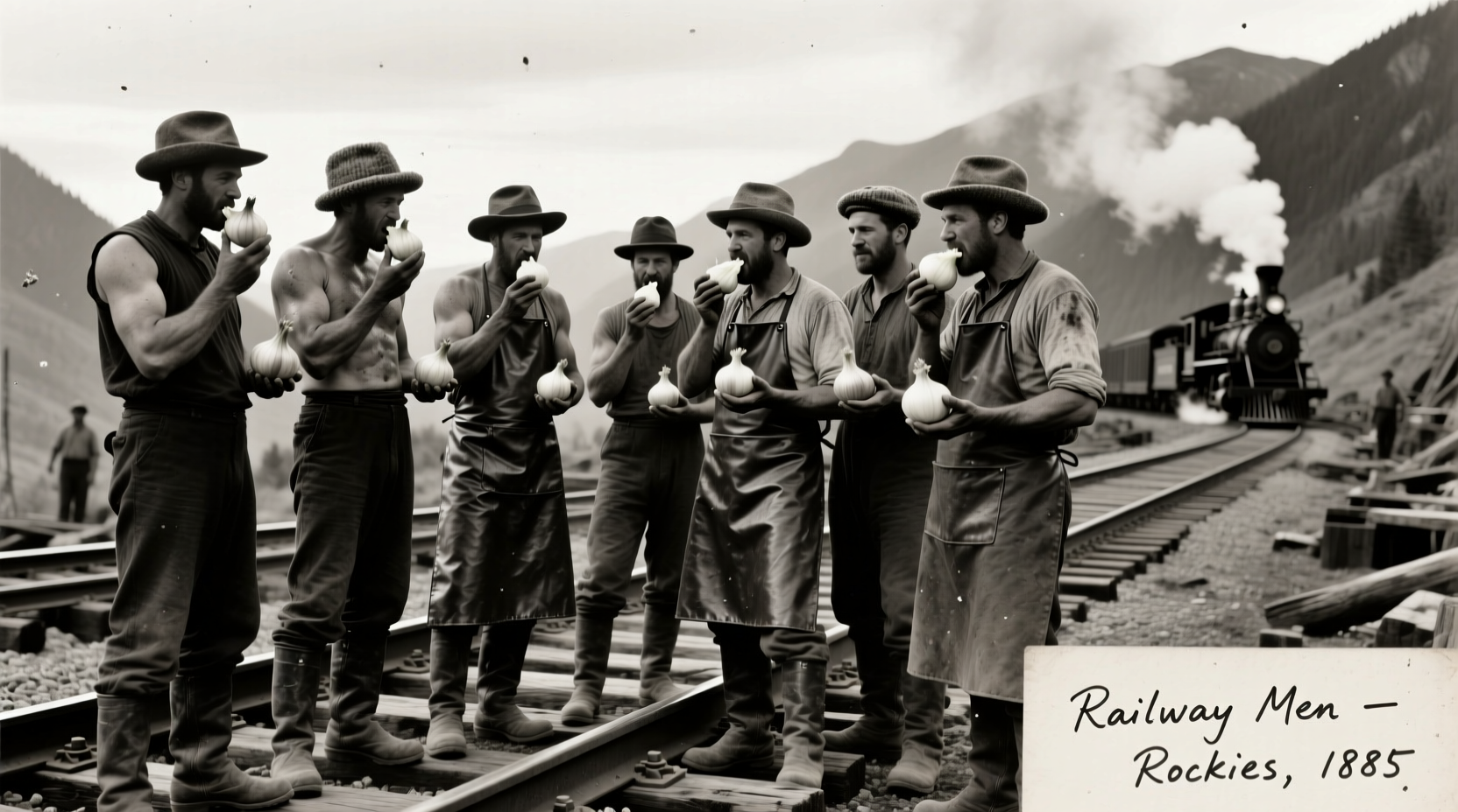 Historical photo of railroad workers with onions