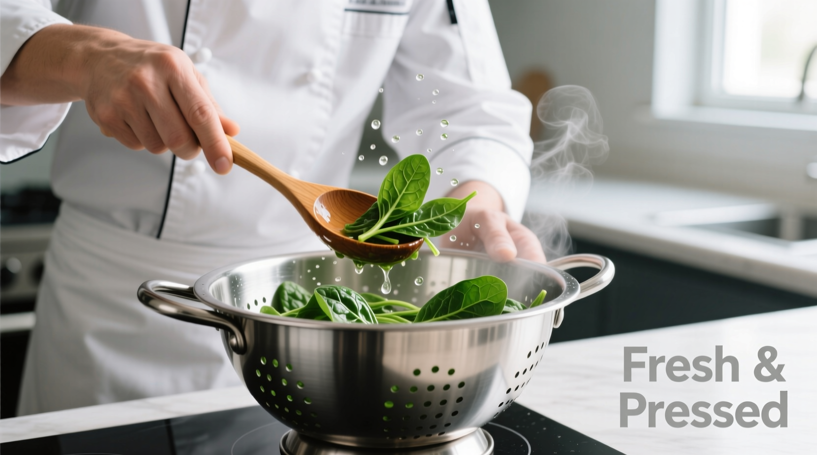 Chef pressing cooked spinach in colander to remove excess moisture