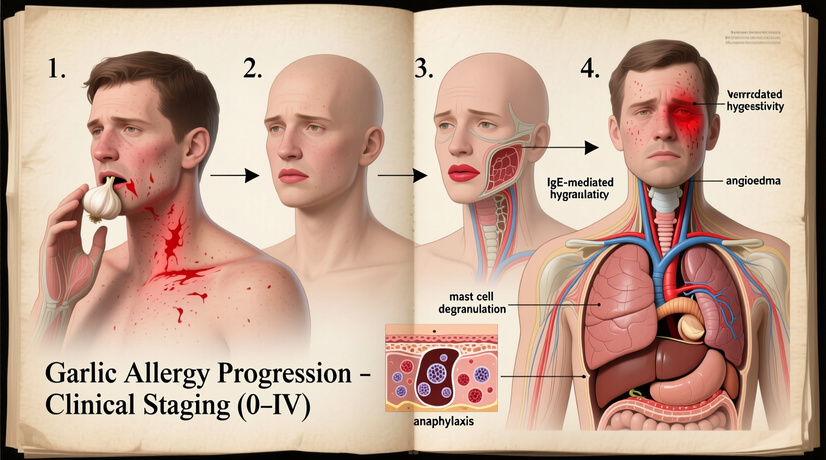 Medical illustration showing garlic allergy symptoms progression
