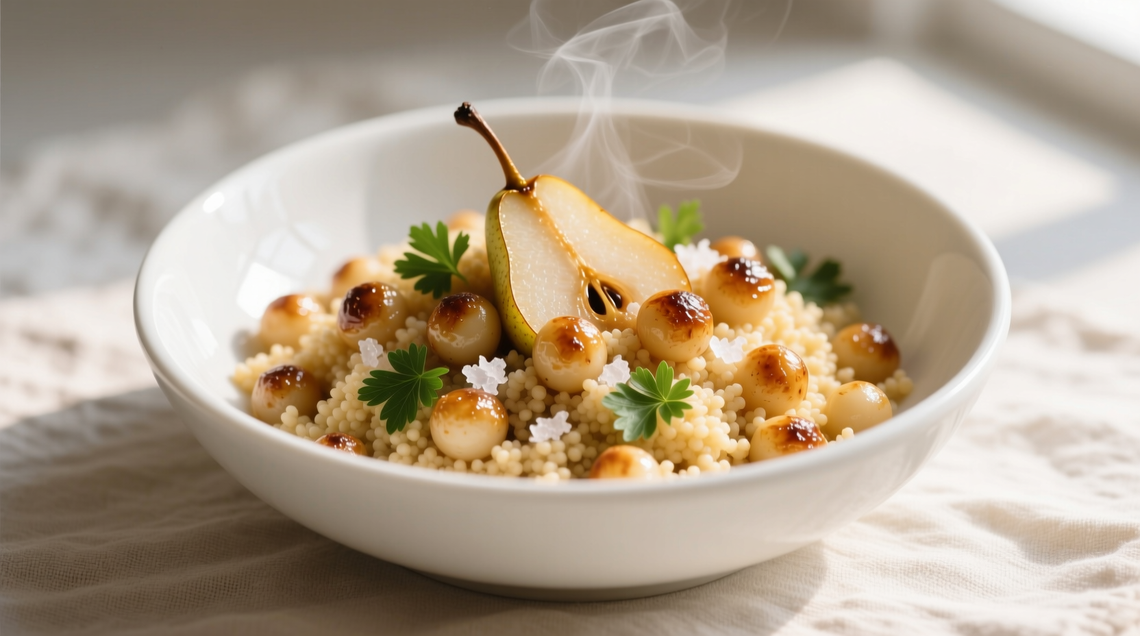 Fluffy roasted garlic pearled couscous in white bowl