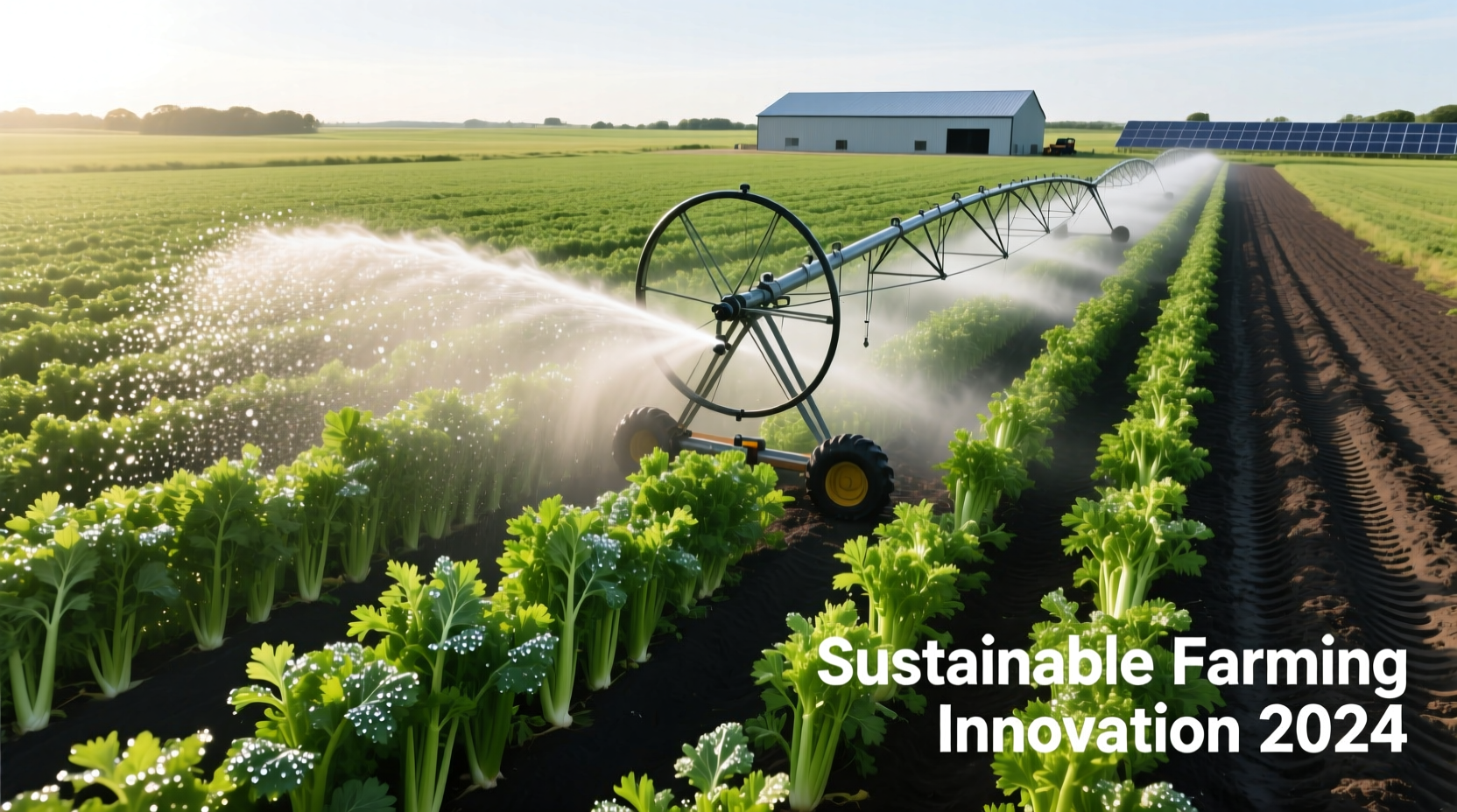 Commercial celery field with irrigation system in operation