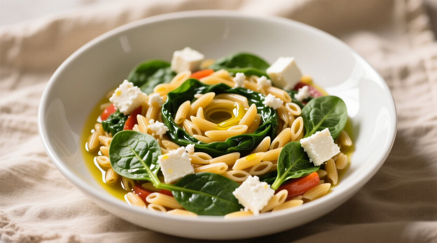 Colorful orzo spinach feta dish in white bowl