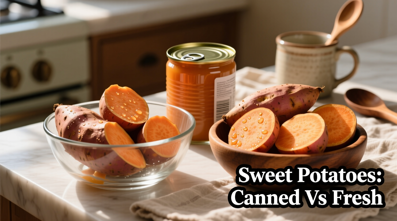 Canned sweet potatoes in glass bowl with fresh counterparts