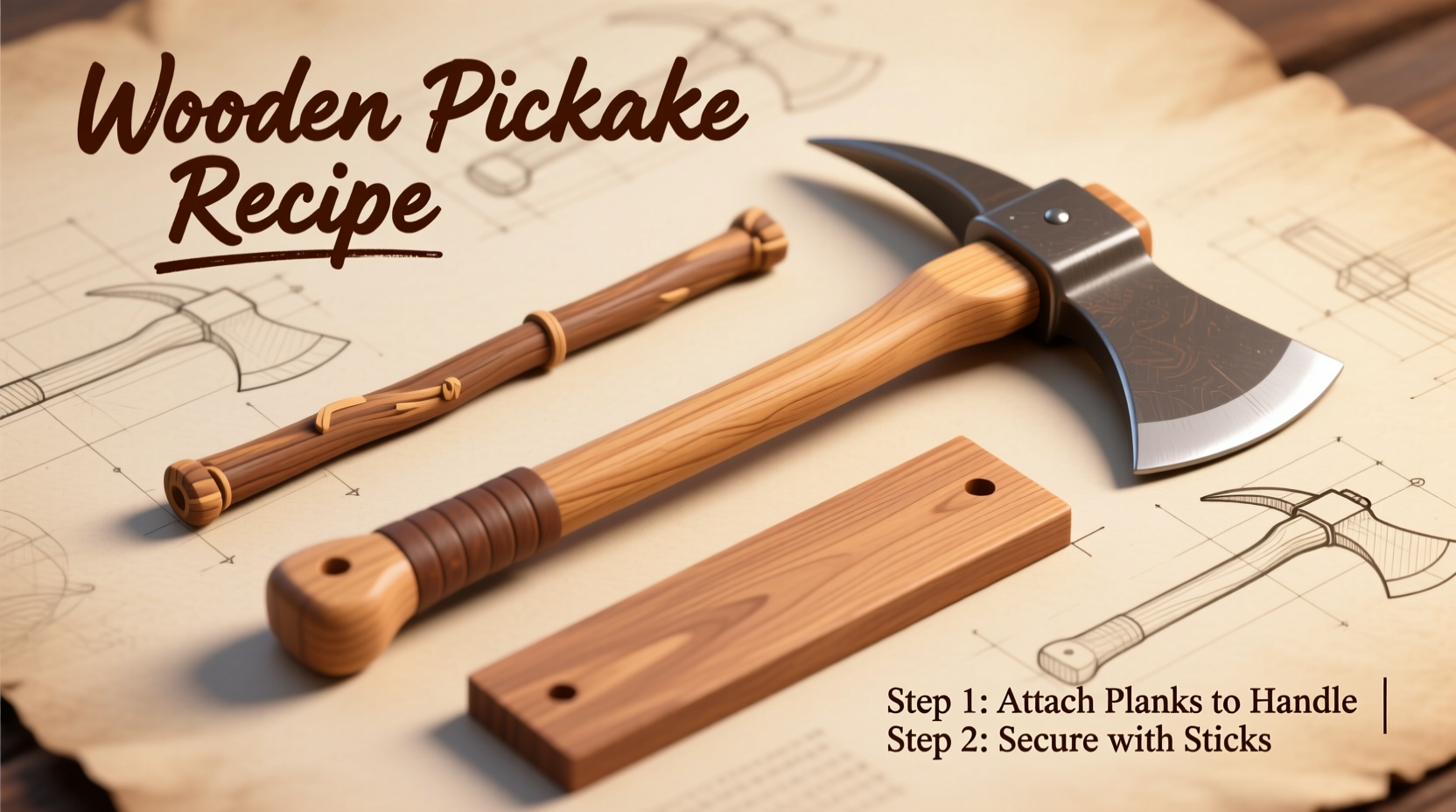 Wooden pickaxe crafting recipe with sticks and planks