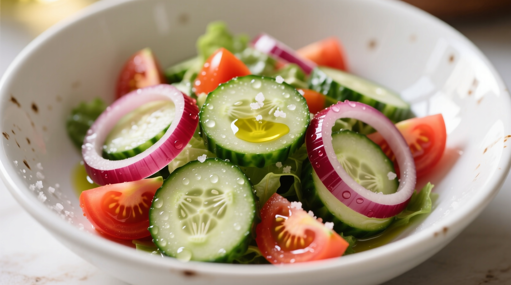Fresh cucumber tomato red onion salad in white bowl