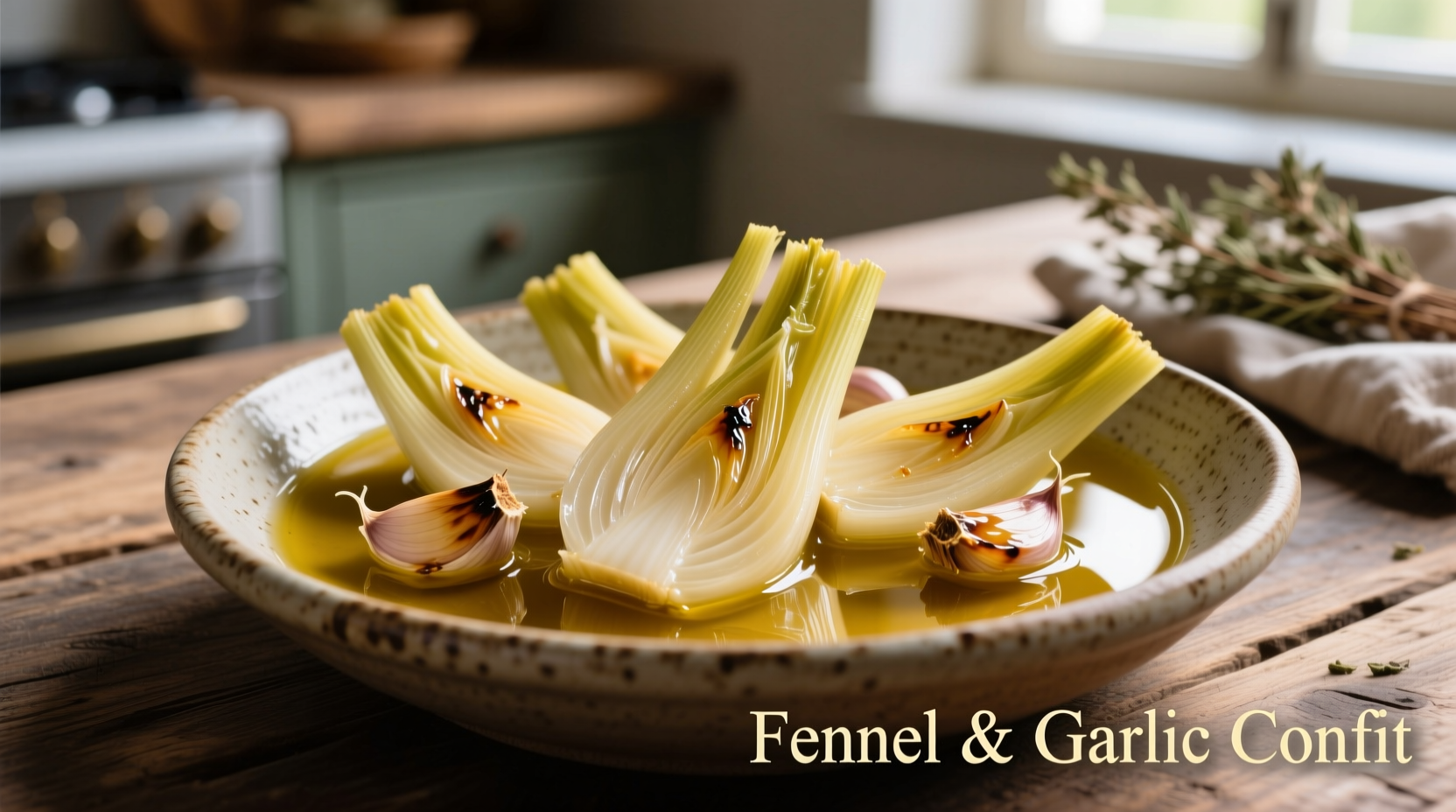 Golden confit fennel wedges submerged in olive oil with garlic
