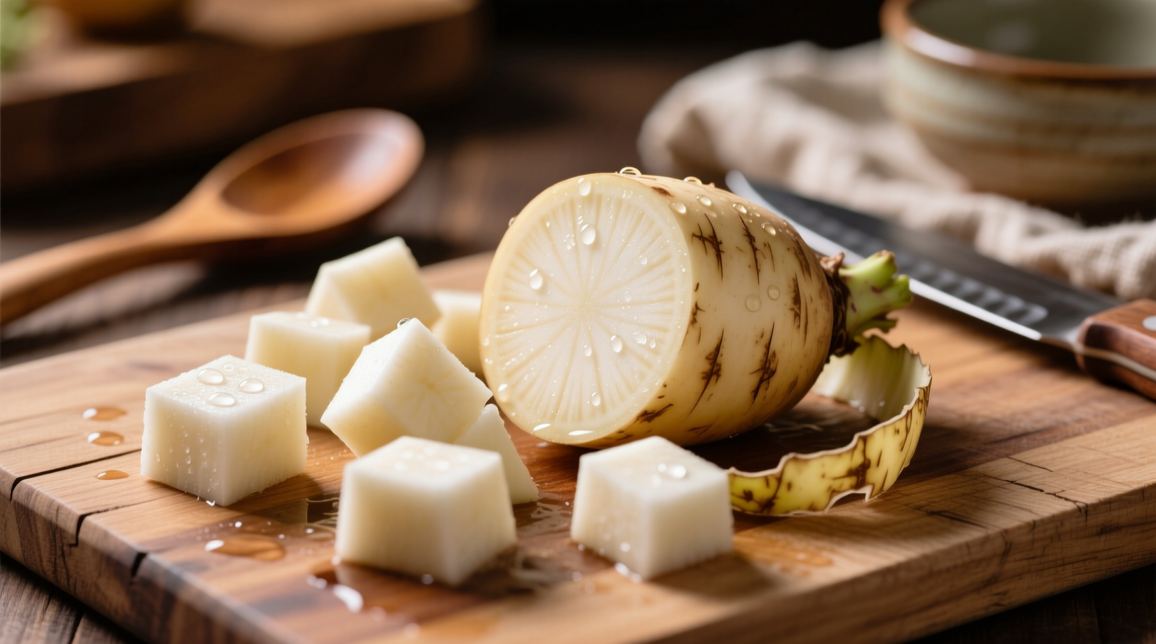 Freshly peeled rutabaga cubes on cutting board