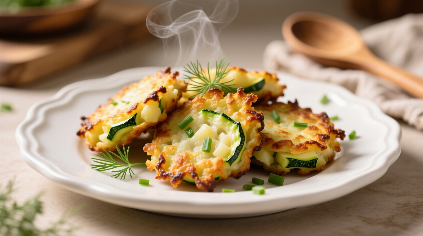 Golden courgette potato fritters on white plate