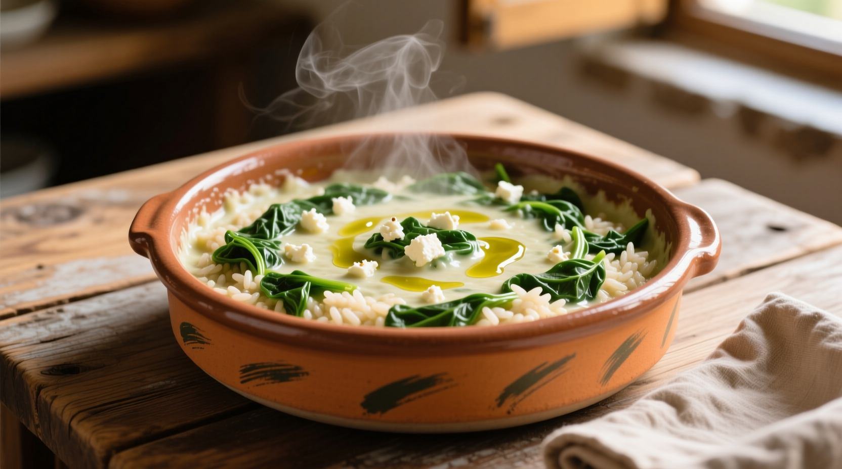 Traditional Greek spanakorizo in ceramic dish