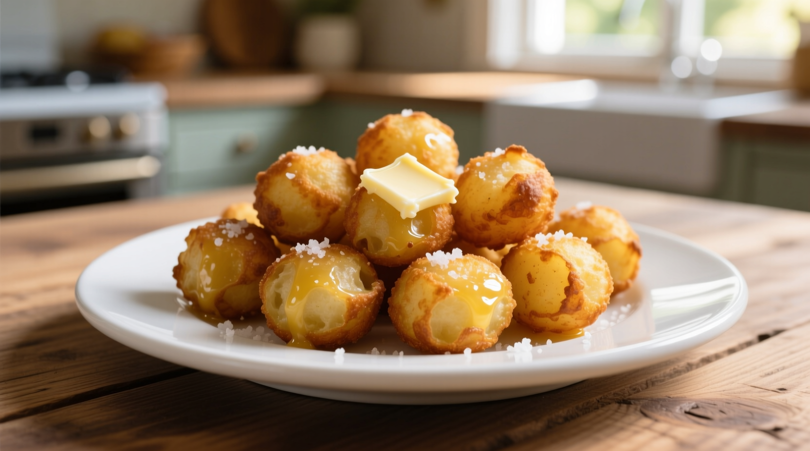 Golden brown potato tots served on a white plate