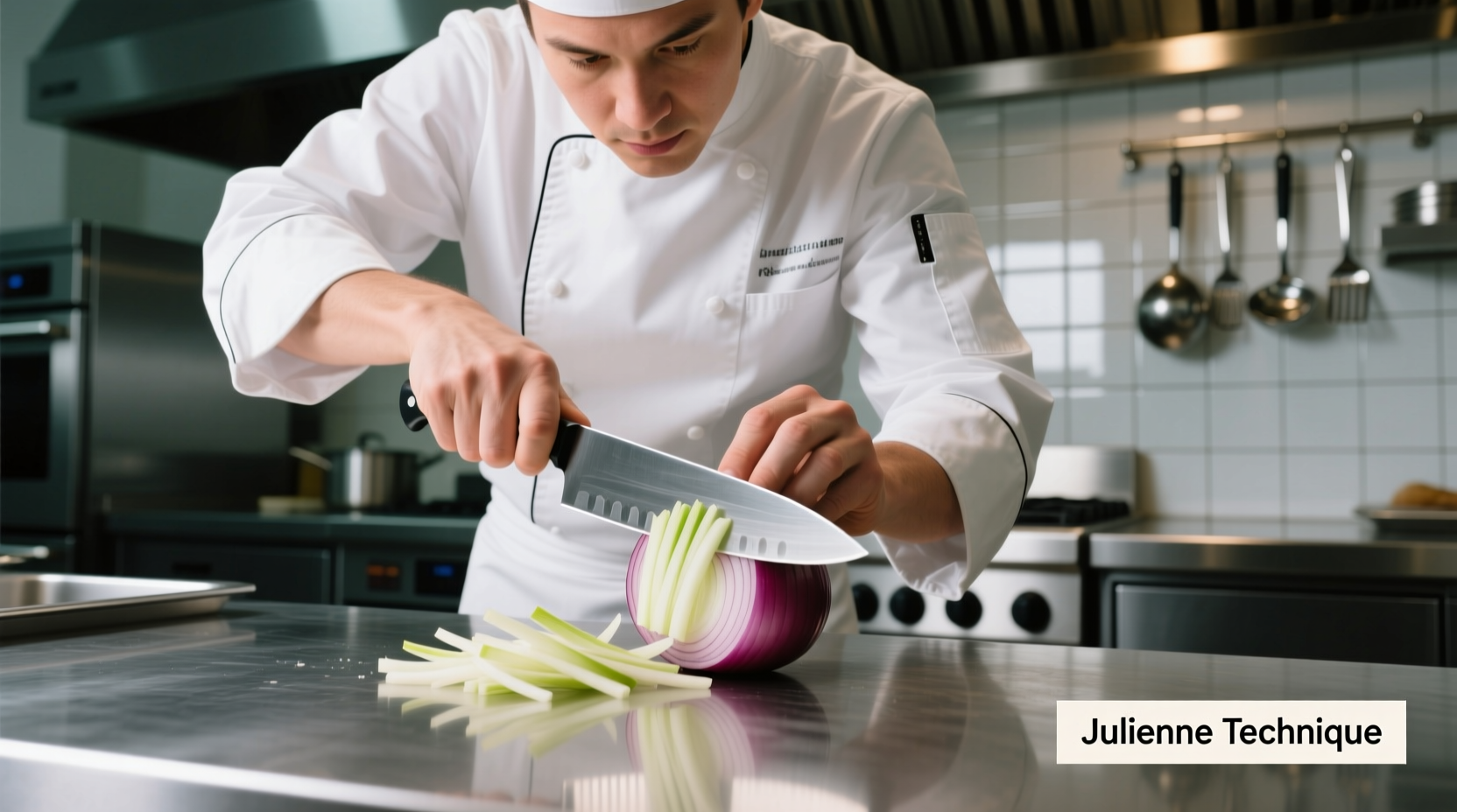 Professional chef demonstrating onion julienne technique