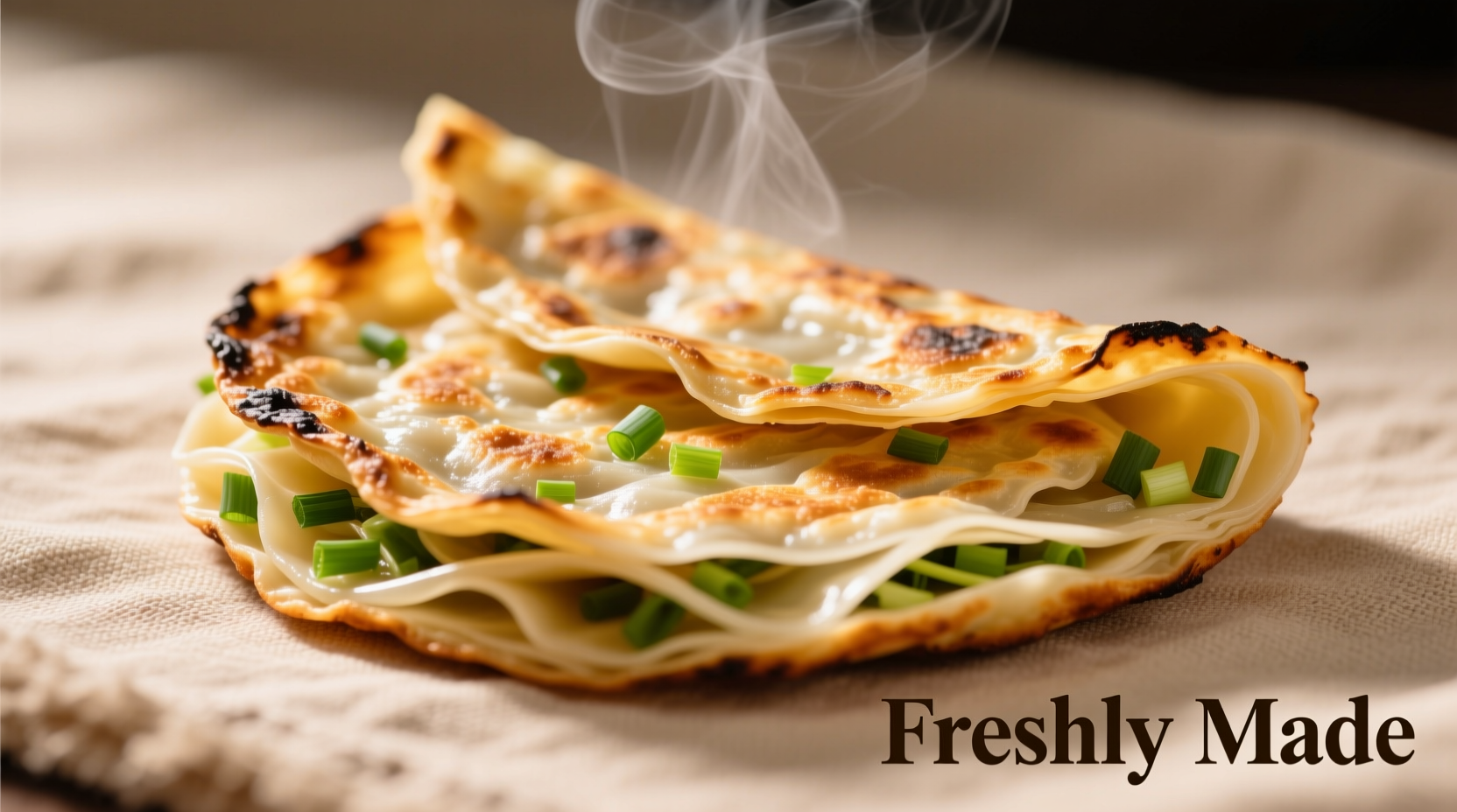Freshly made Chinese scallion pancakes with visible flaky layers