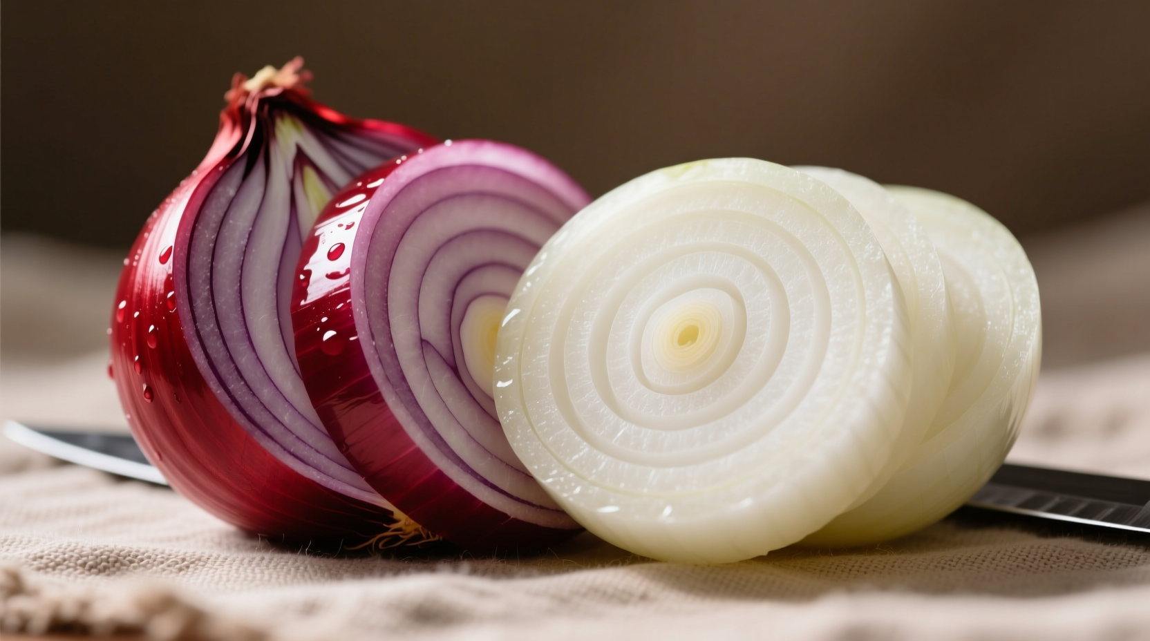 Red and white onions sliced side by side showing color contrast