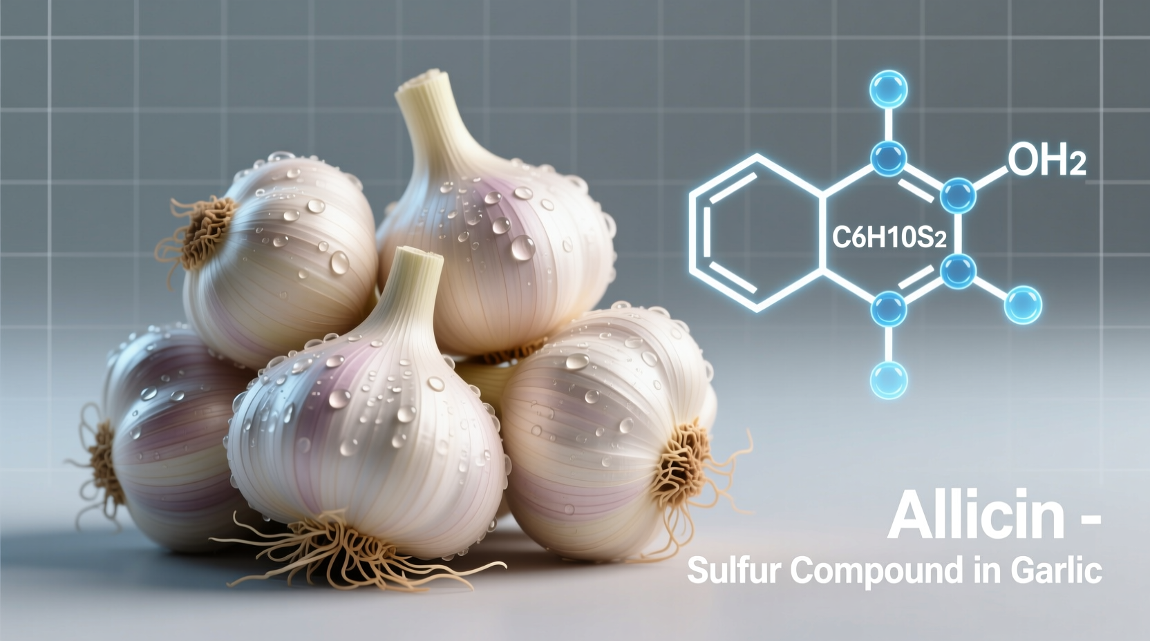 Fresh garlic cloves with scientific diagram of allicin compound