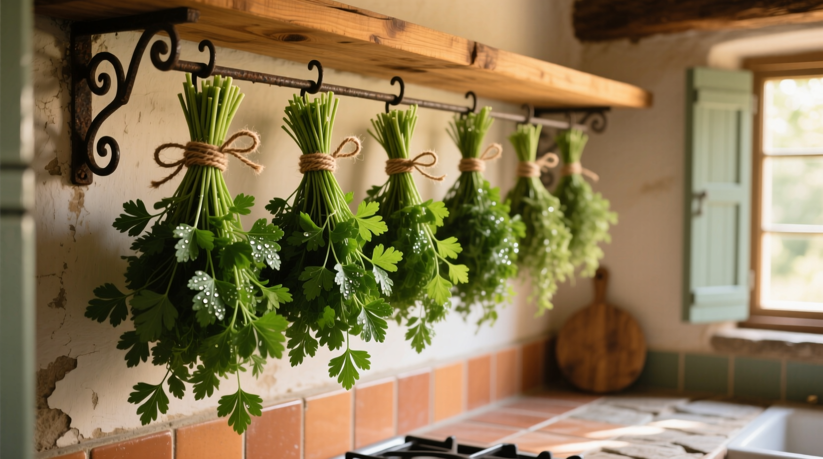 Fresh parsley bundles hanging to dry in kitchen