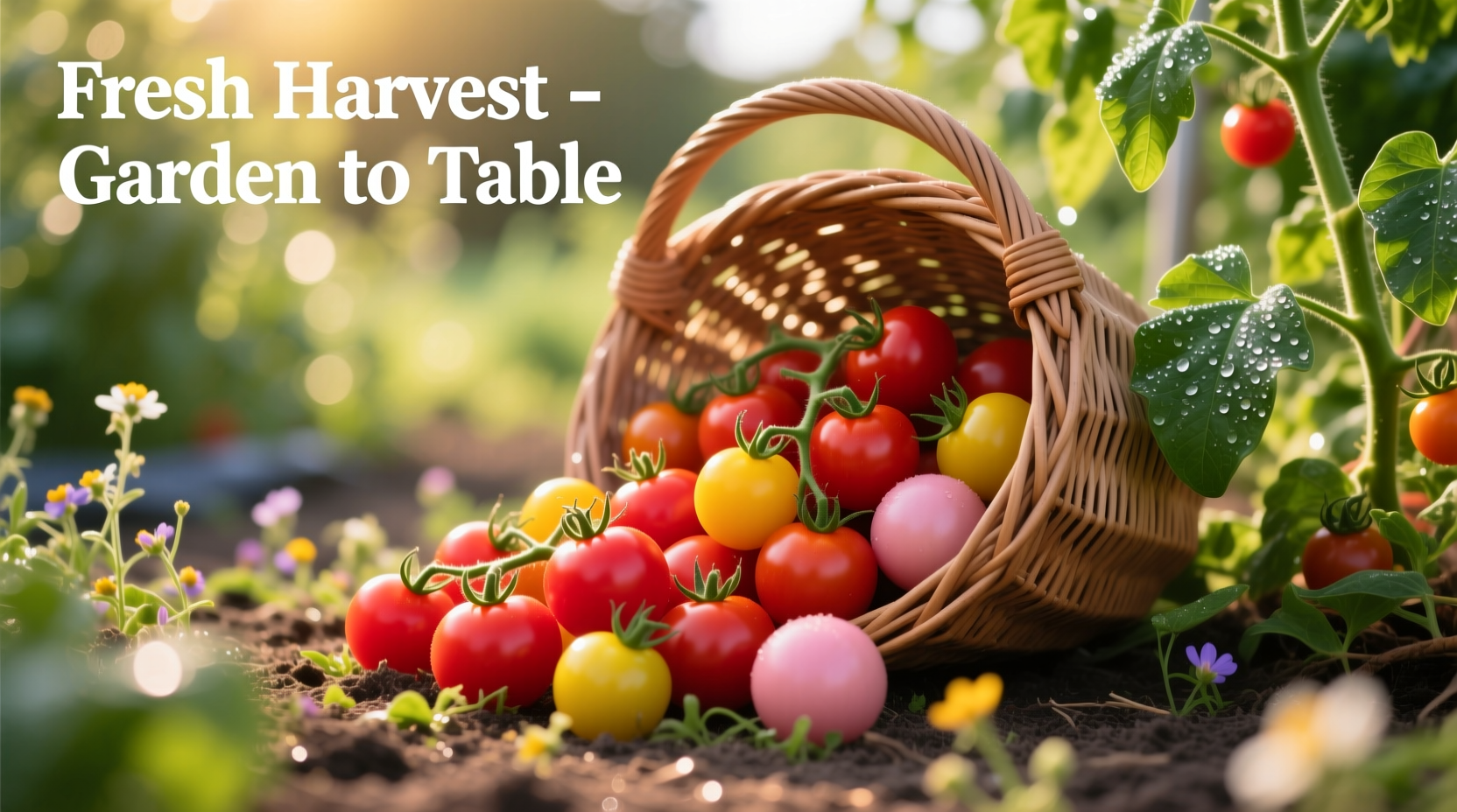 Colorful cherry tomatoes in garden harvest basket