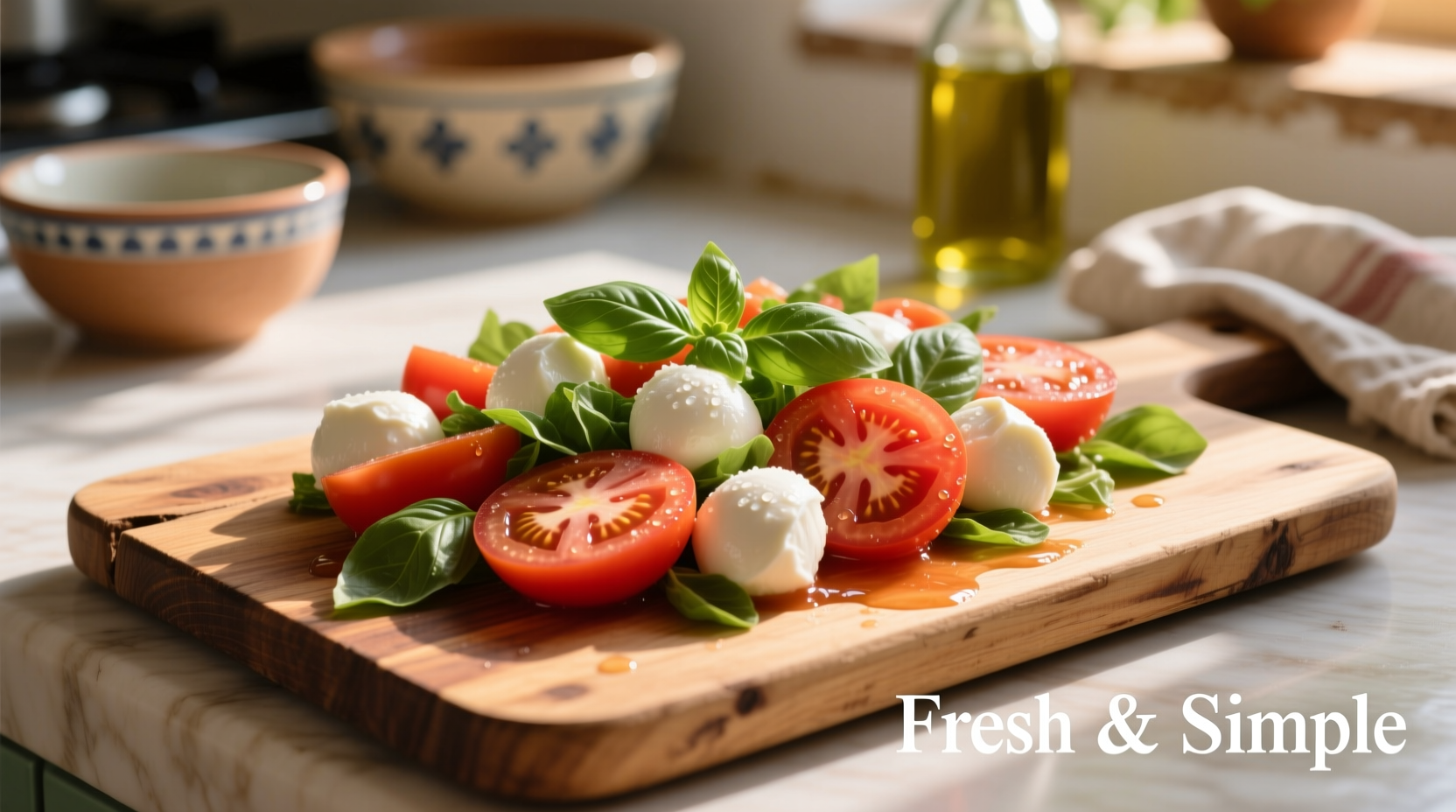 Fresh tomato mozzarella basil salad on wooden board