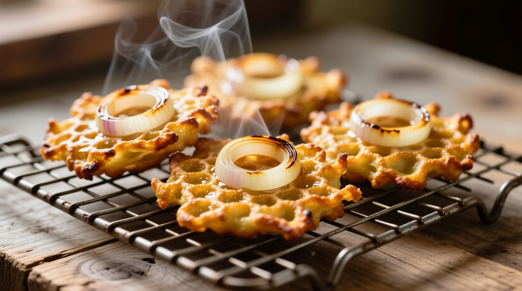 Golden Amish onion fritters on wire rack