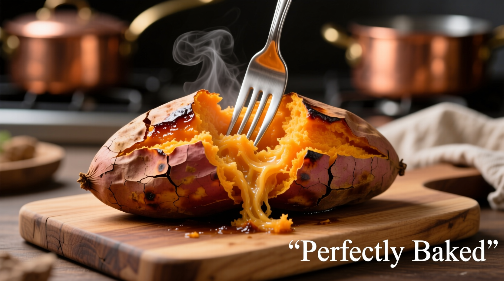 Perfectly baked sweet potato with fork showing fluffy interior
