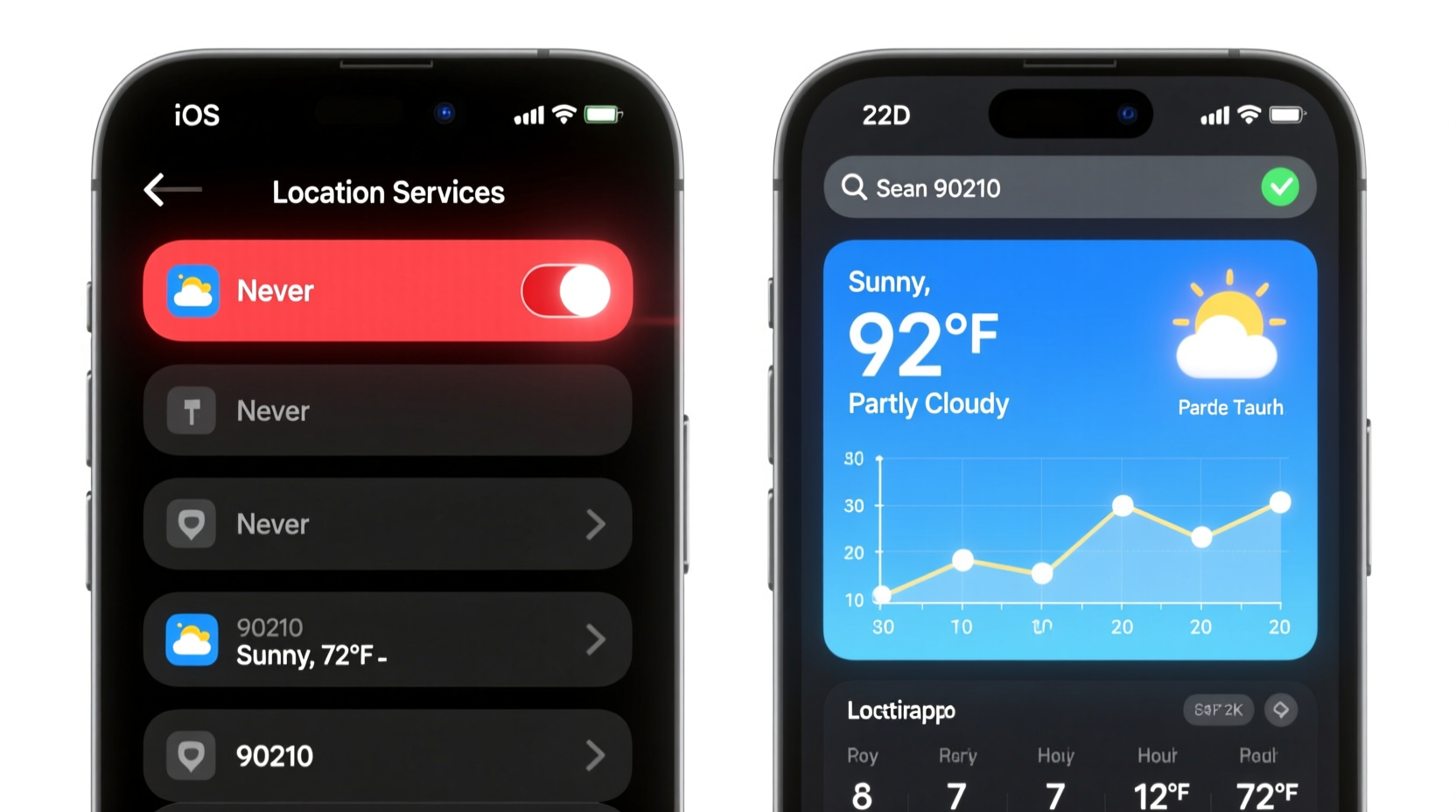 Side-by-side smartphone screenshots: left shows iOS Location Services toggle set to 'Never' for a weather app; right shows the same app’s settings screen with a manually entered ZIP code and verified local forecast display
