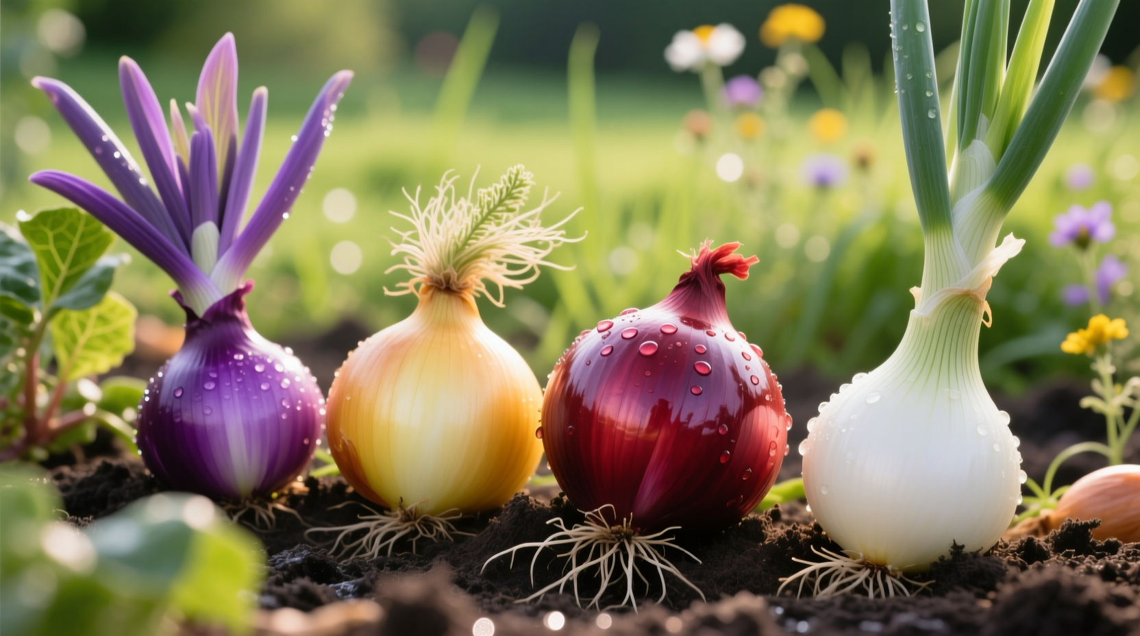 Close-up of different onion varieties growing in garden
