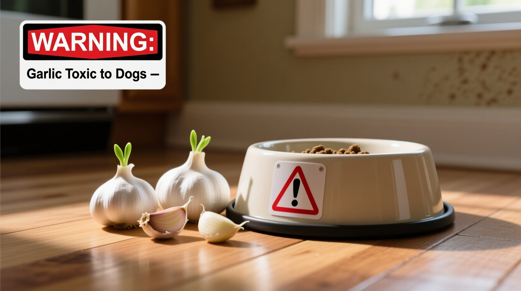 Garlic cloves next to dog food bowl with warning symbol