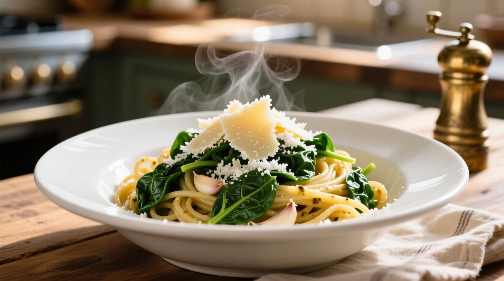 Garlic spinach pasta in white bowl with fresh Parmesan