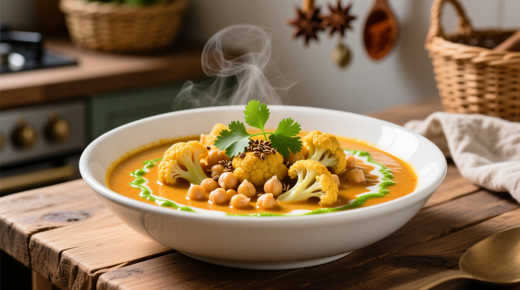 Golden curry with cauliflower and chickpeas in white bowl