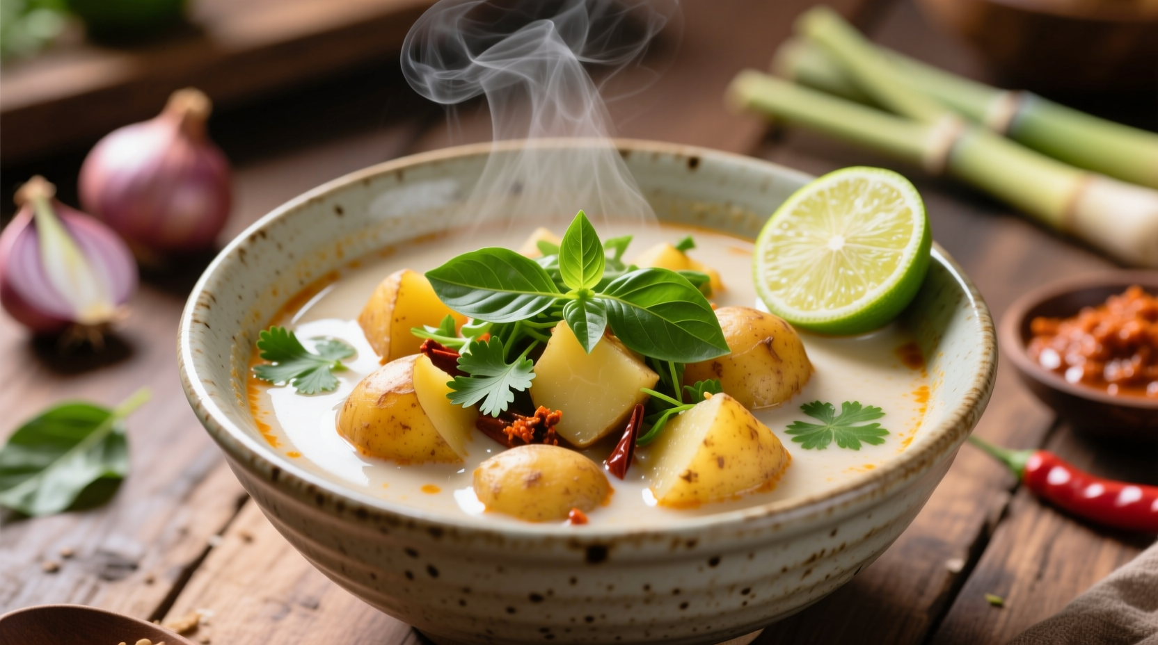 Potato laksa bowl with coconut broth and fresh herbs