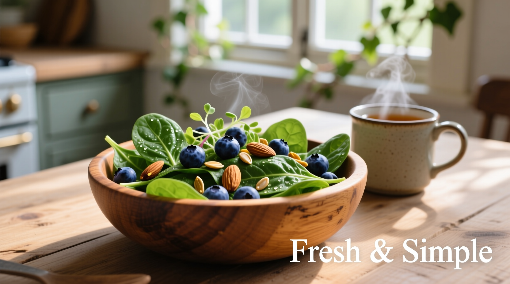 Fresh blueberry spinach salad in wooden bowl