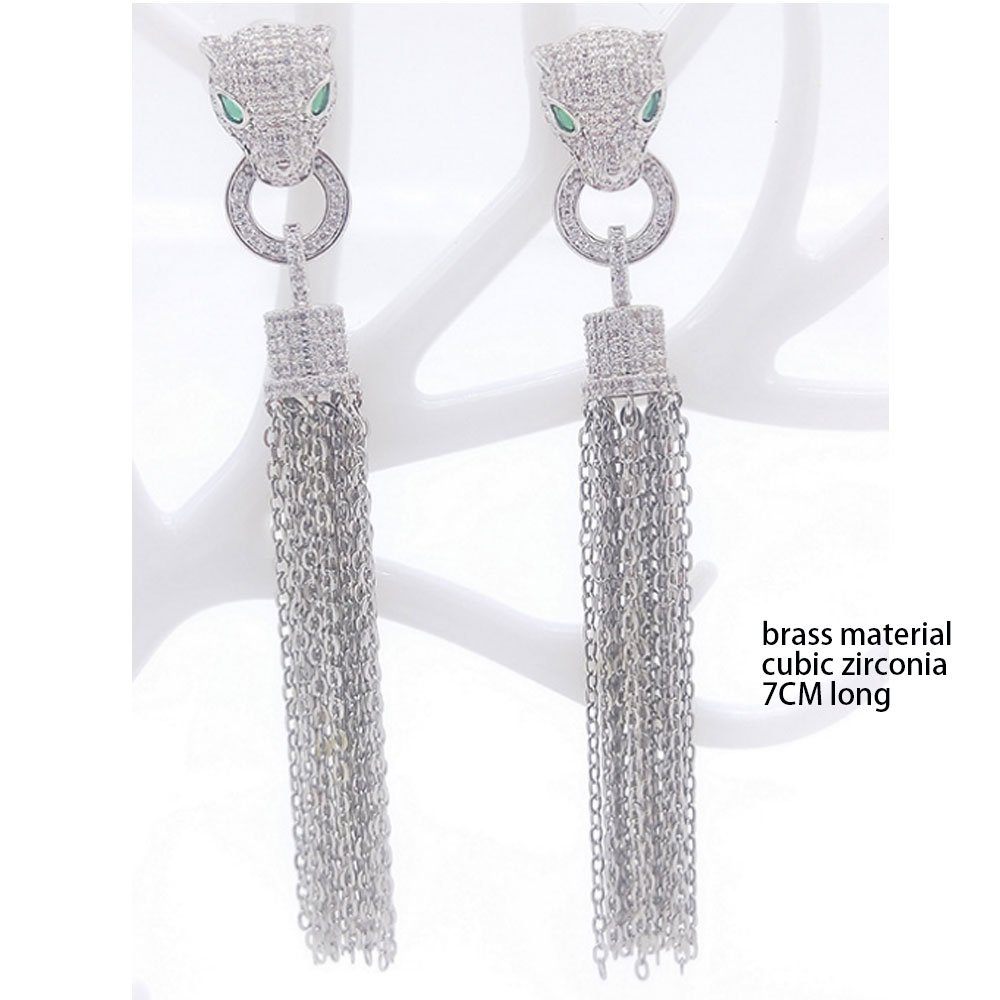 Silver & Gold Panther Earrings with Chain Tassel - Unique CZ Drop
