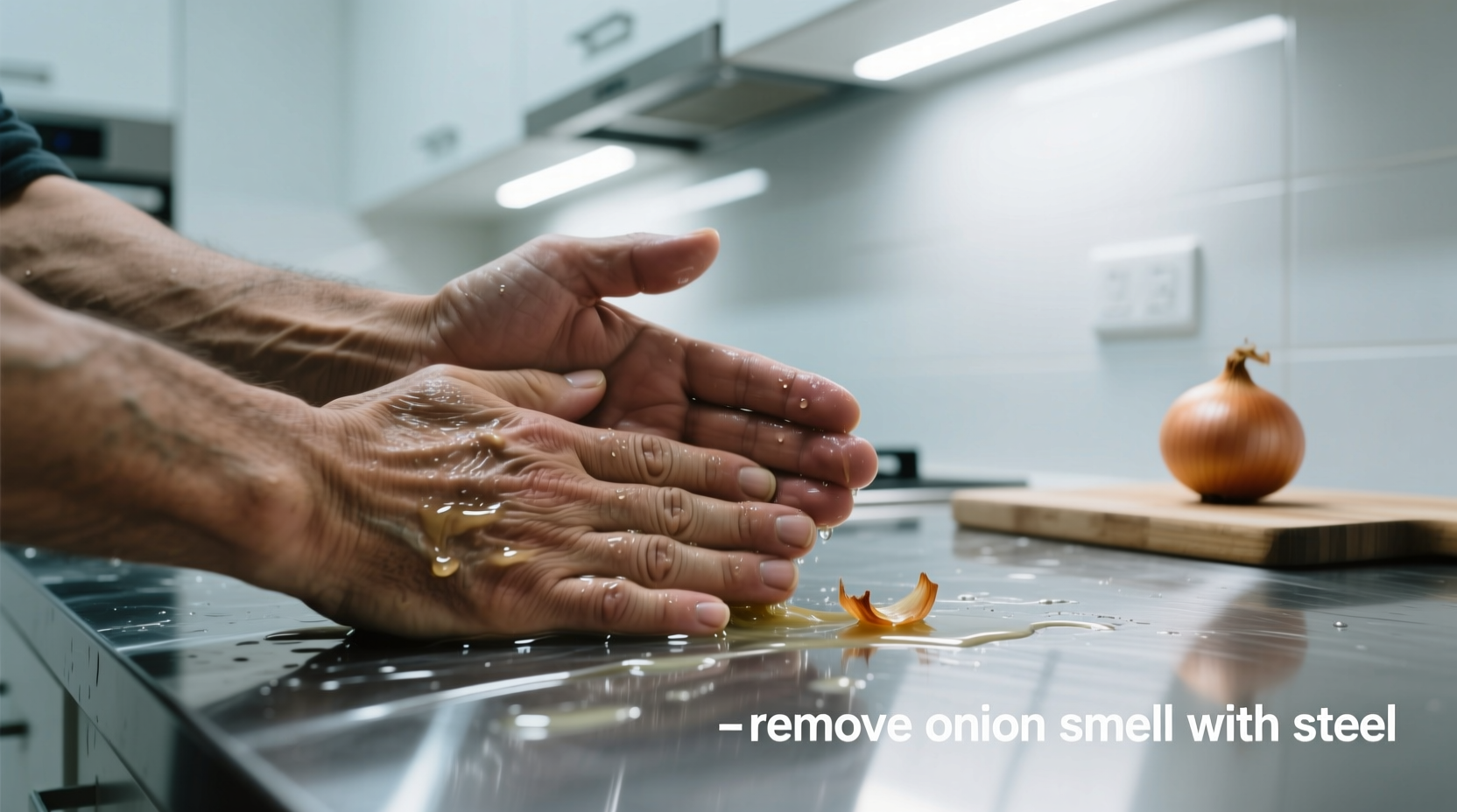 Hands rubbing stainless steel to remove onion smell