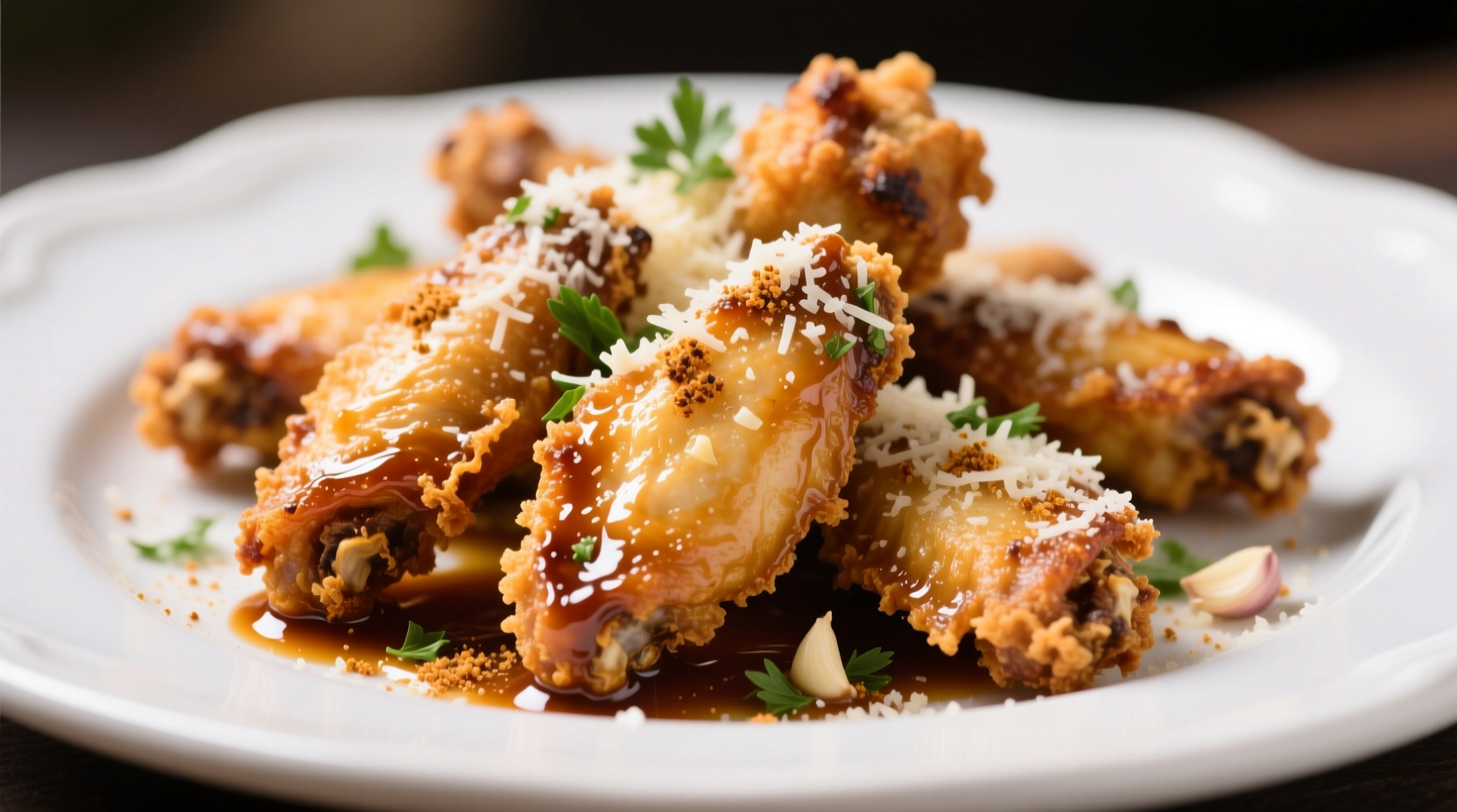 Crispy garlic parmesan hot wings on white plate