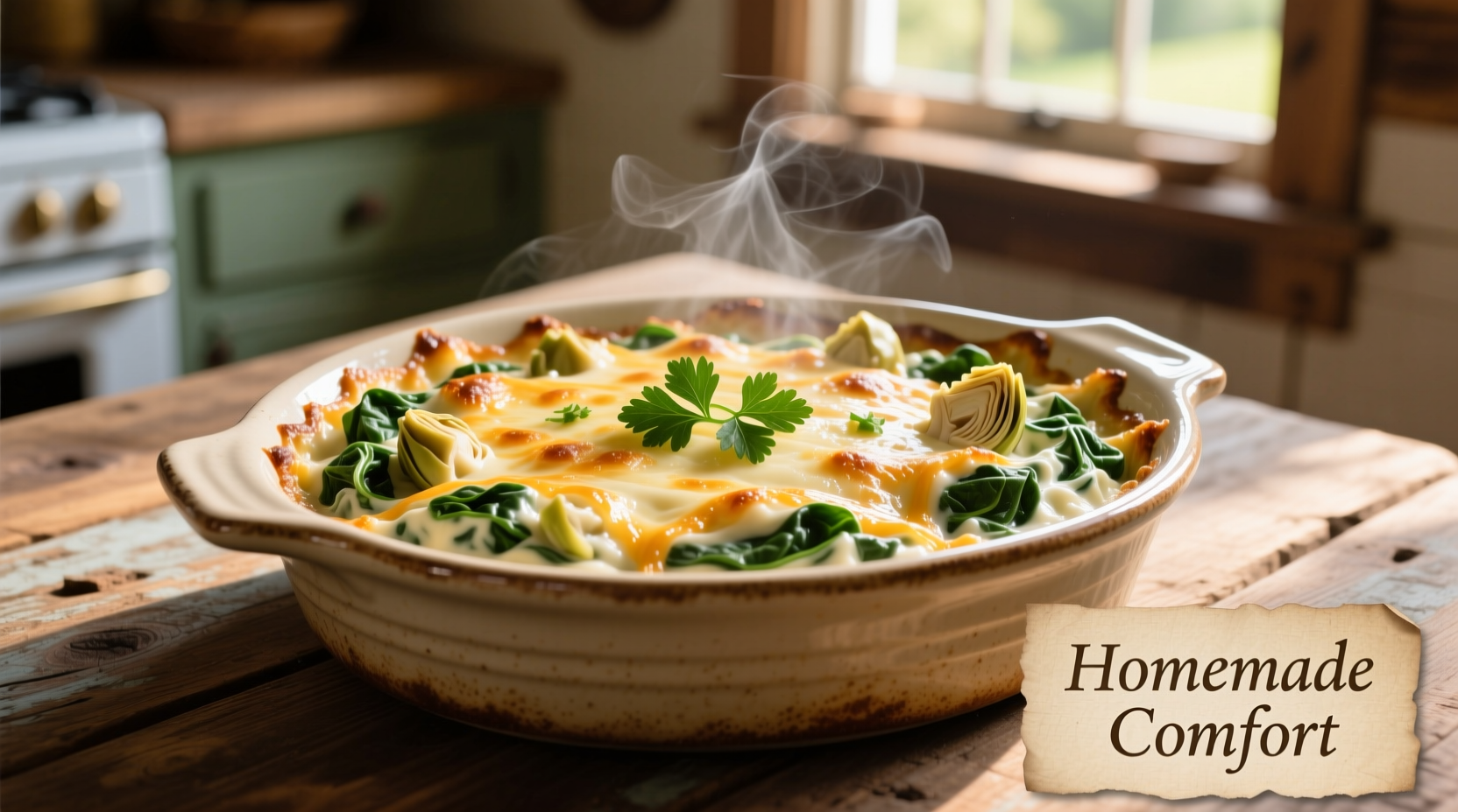 Creamy spinach artichoke dip in baking dish