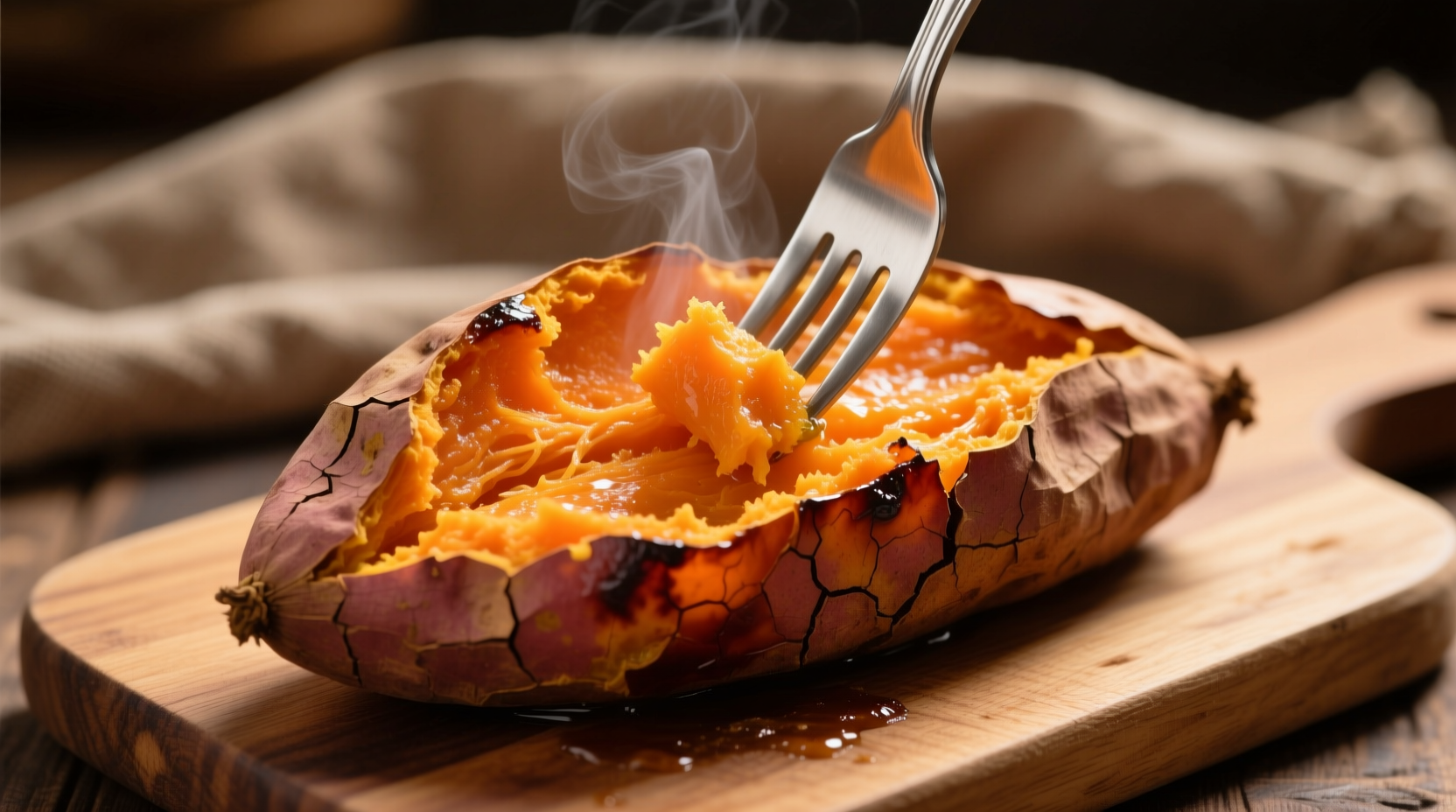 Perfectly baked sweet potato with fork showing tender interior