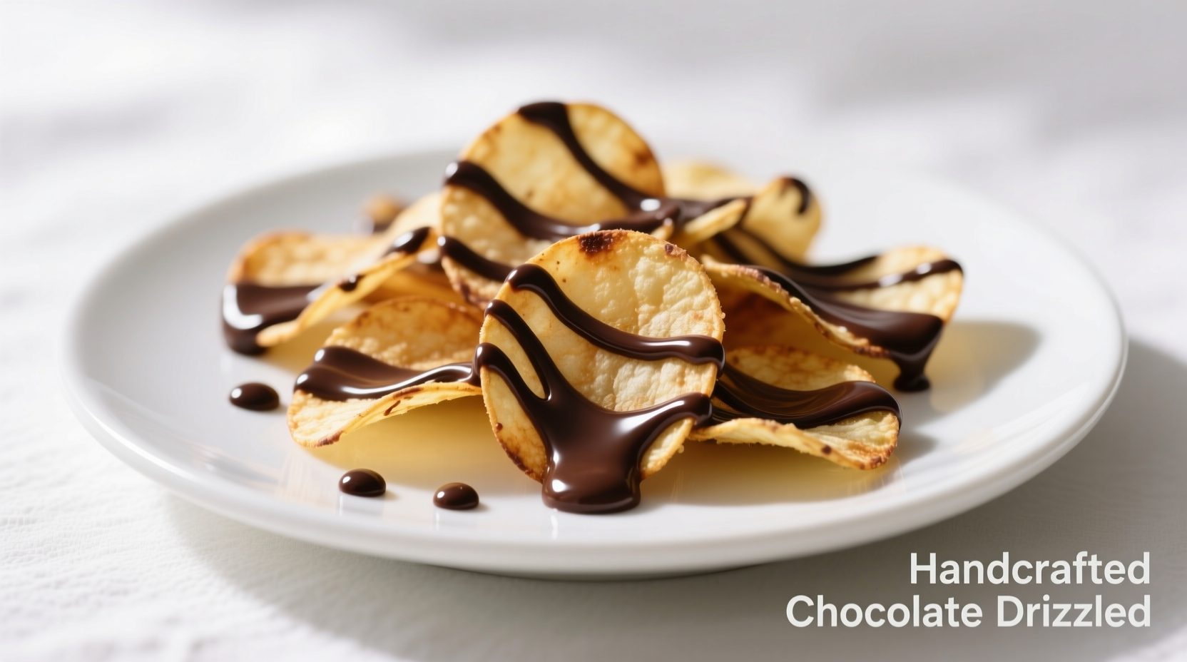 Homemade chocolate drizzled potato chips on white plate