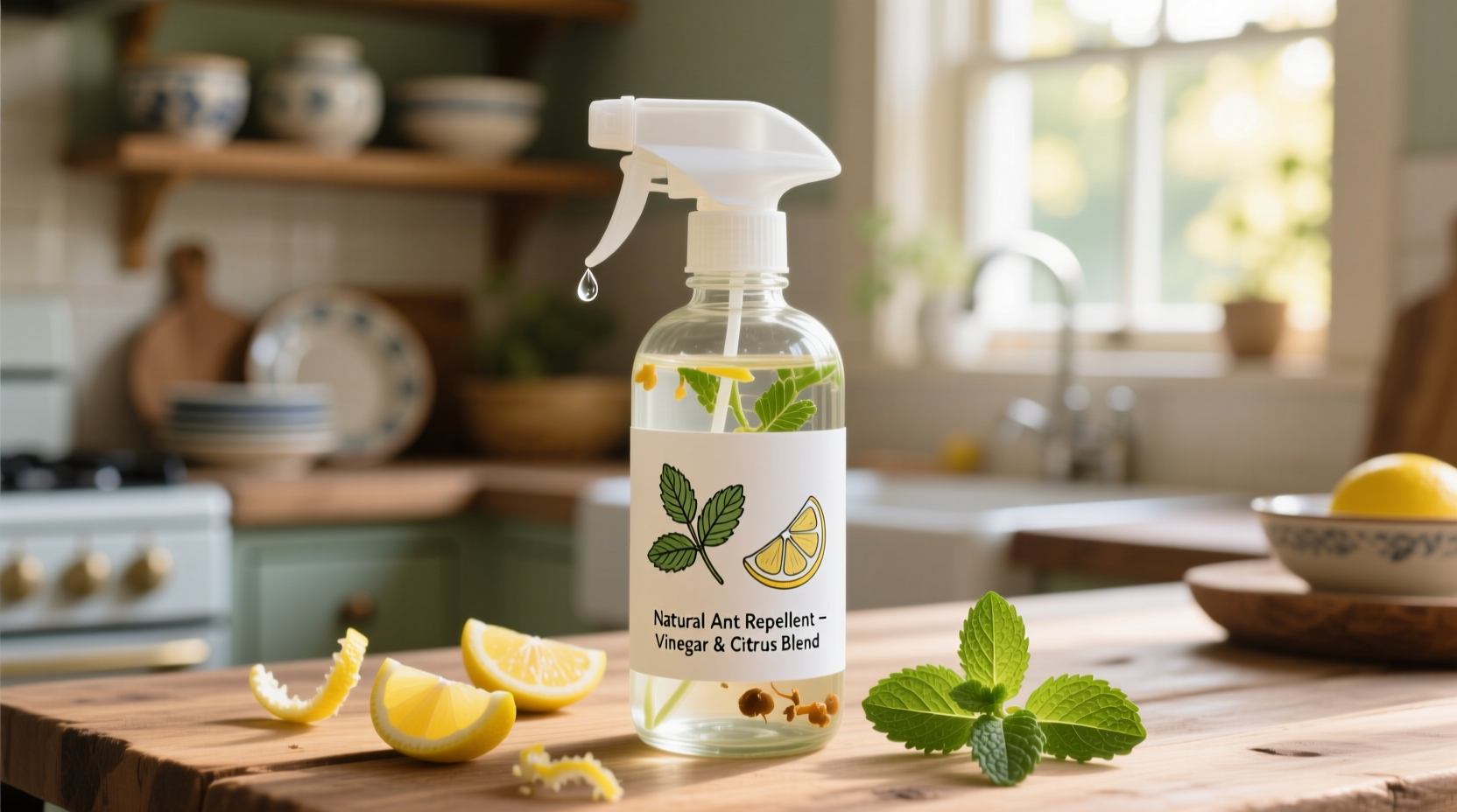 Homemade ant repellent spray bottle with vinegar solution