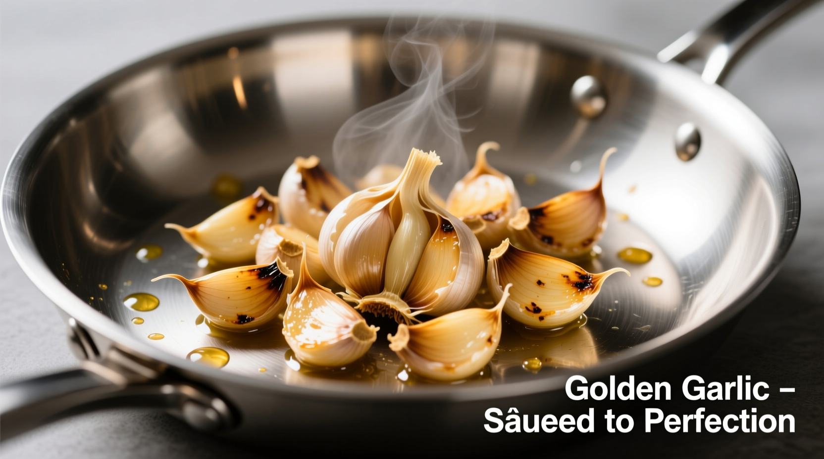 Golden sauteed garlic cloves in stainless steel pan
