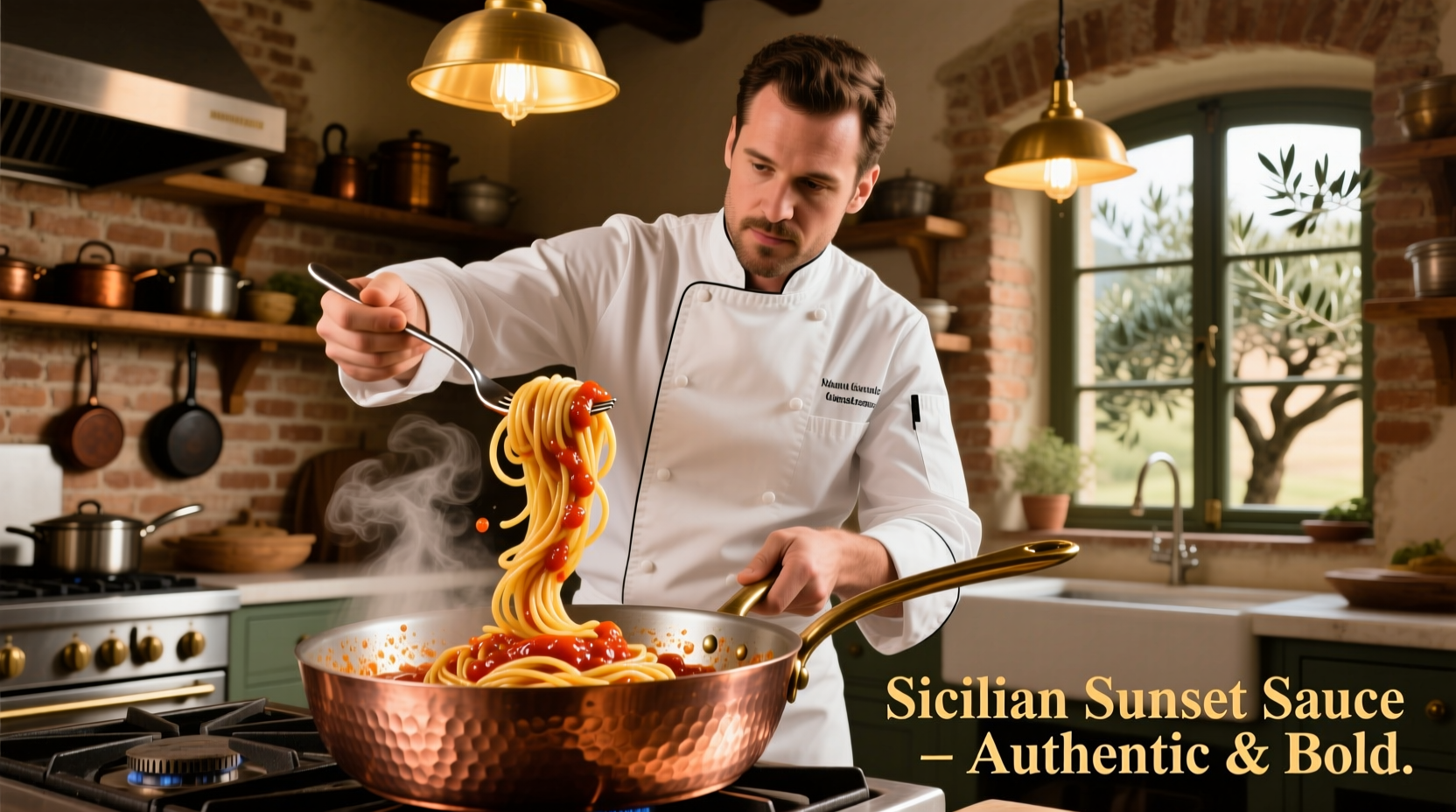 Chef finishing spaghetti with tomato sauce in copper pan