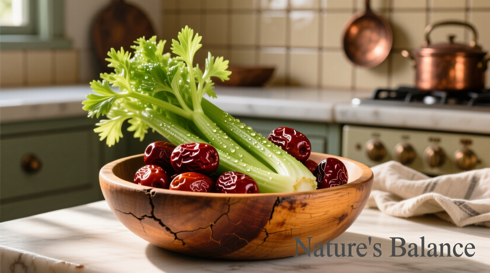 Fresh celery and dates arranged in wooden bowl