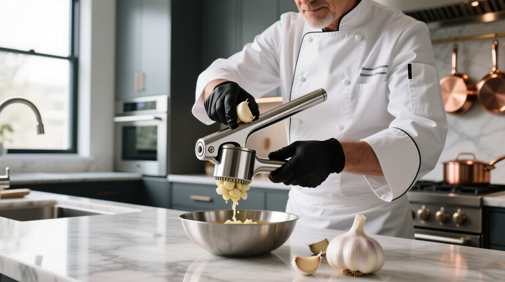 Professional chef using ergonomic garlic press with fresh garlic