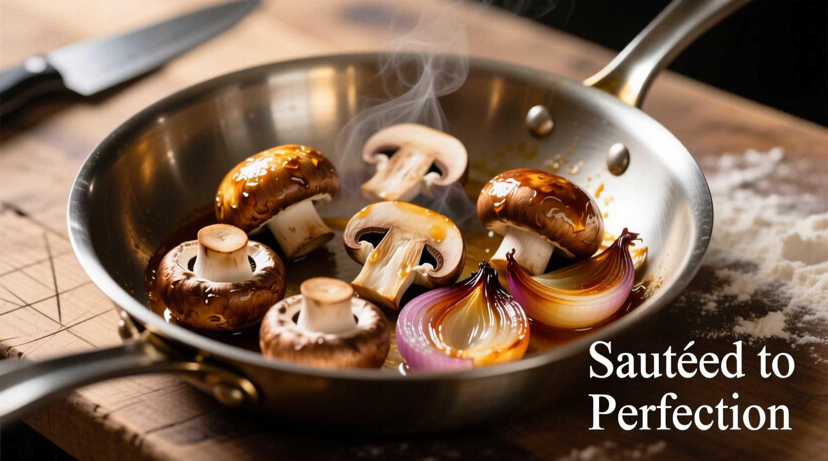 Golden brown mushrooms and caramelized onions in stainless steel skillet