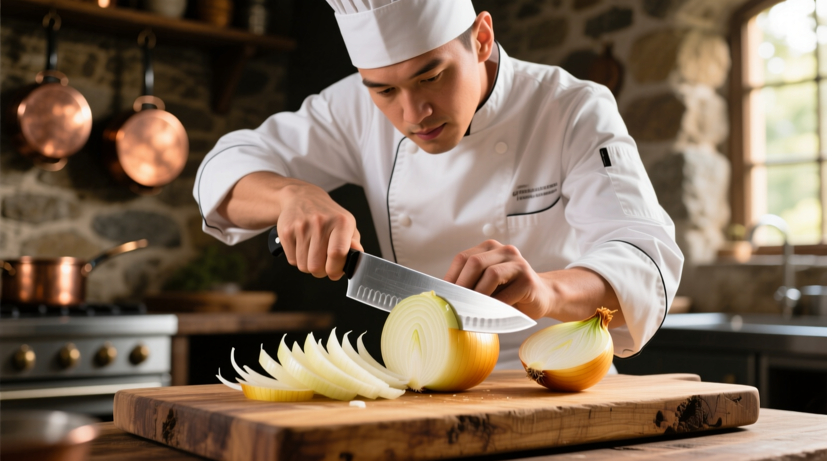 Professional chef dicing yellow onion on wooden cutting board