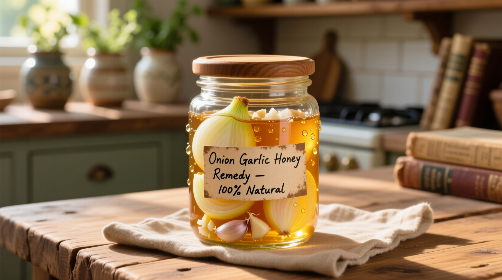 Homemade onion garlic honey remedy in glass jar