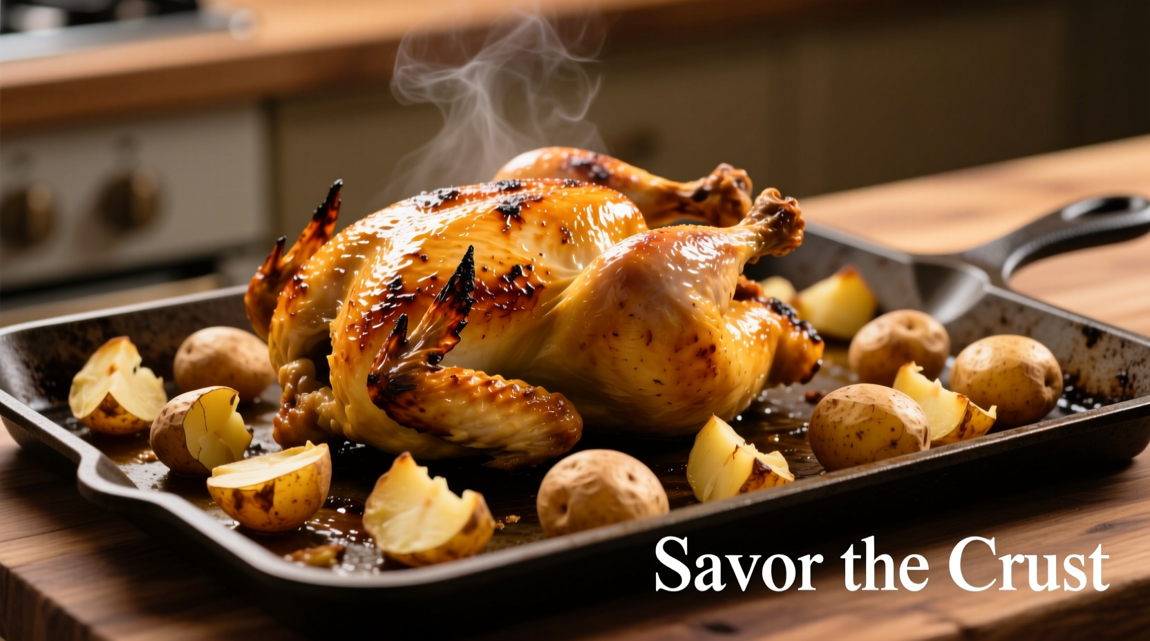 Golden roasted chicken with crispy potatoes on sheet pan